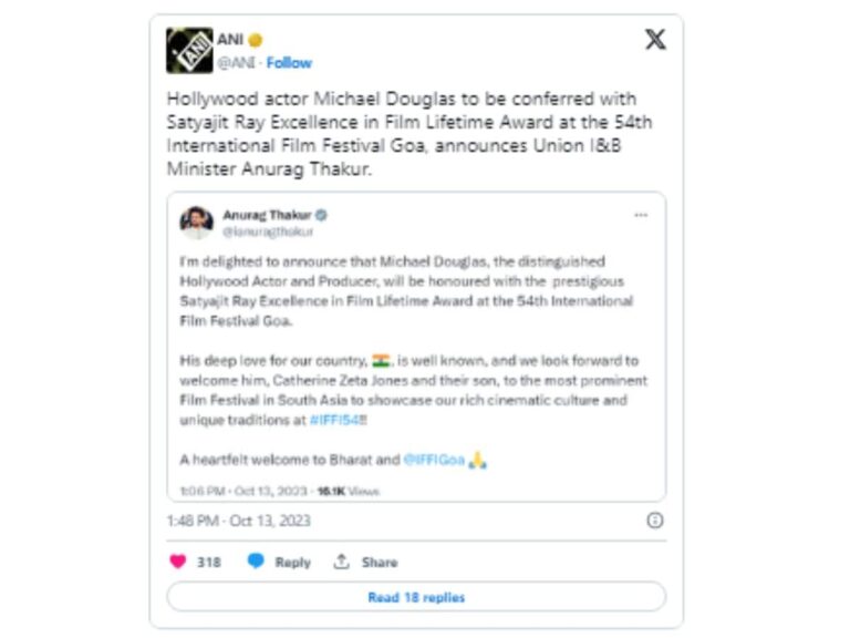 IFFI 2023: हॉलीवुड एक्टर माइकल डगलस को मिलेगा सत्यजीत रे लाइफटाइम अचीवमेंट पुरस्का – Hollywood actor and producer Michael Douglas will be presented with Satyajit Ray Excellence in Film Lifetime Award at 54th International Film Festival Goa